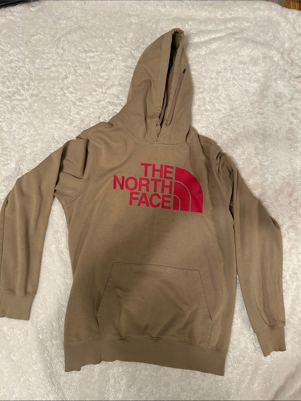 The North Face Men's Tan Pullover Hoodie with Red Logo